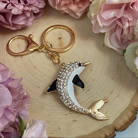 Black White & Gold Crystal Dolphin Charm Keychain - Picture 14 of 16